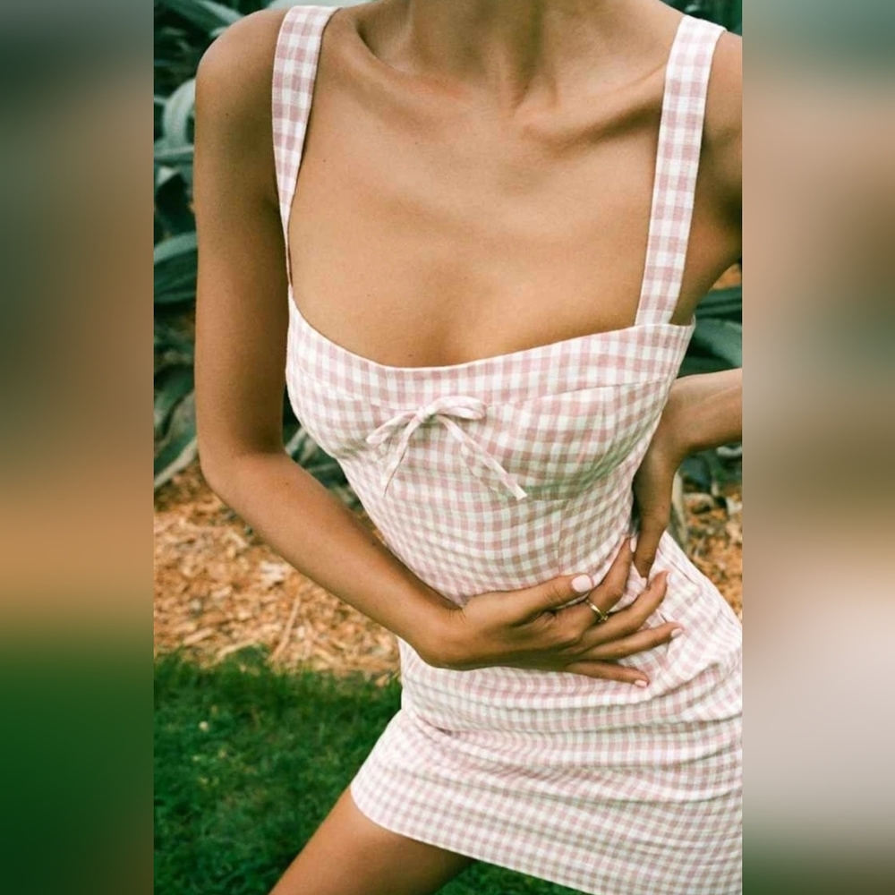 REFORMATION Brie Linen Dress Pink Blush Gingham Check 8